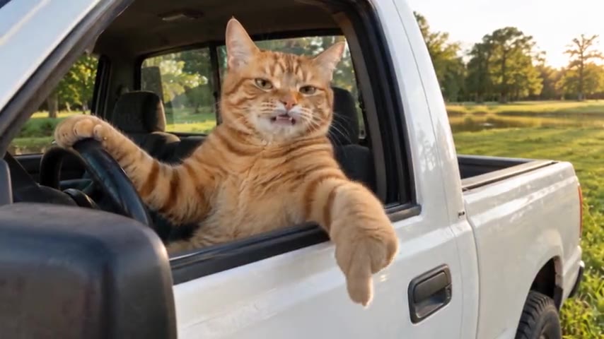 The Hit the Road Dude AI meme: an orange cat in the driver seat of a white pickup, one paw out of the window
